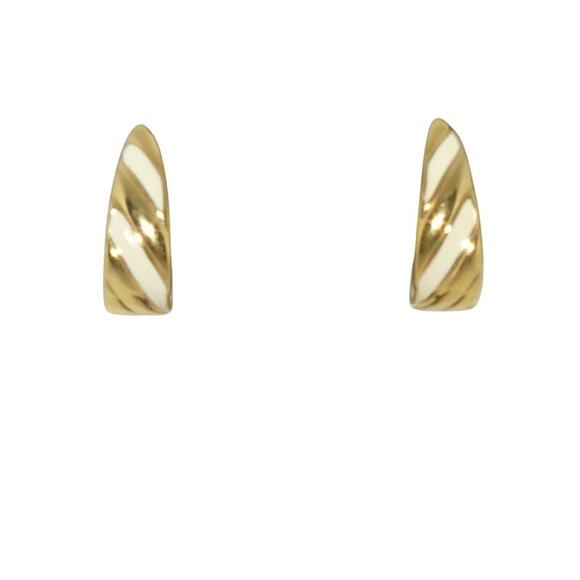 Monet Jewelry - Vintage Monet Gold Tone White Enamel Ribbed Hoop Women's Earrings Signed 1"